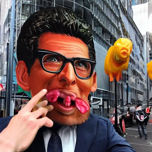 Prompt: 5 0 ft high jeff koons sculpture of jeff goldblum eating a chimichanga