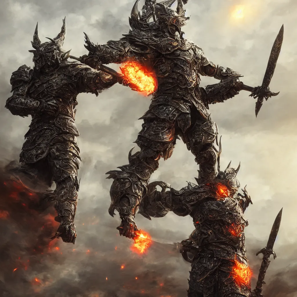 Image similar to photo full-body-shot of ONE brutal Warrior, wearing intricate steel armor, sharp focus, holding magical fiery battle-axe, magical aura, heroic pose, fantasy style, octane render, volumetric lighting, 8k high definition, by greg rutkowski, highly detailed, trending on ArtStation, magical Battlefield background, centered