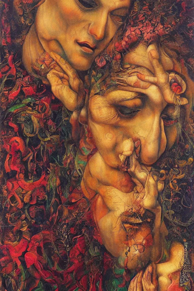 Image similar to extreme closeup floral portrait of a single man and woman by wojciech siudmak and ernst fuchs, oil on canvas