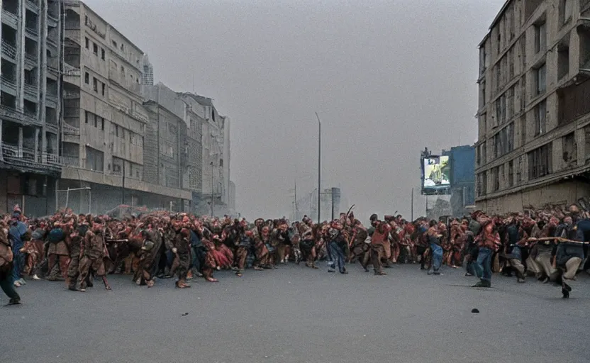 Image similar to 1990s movie still of a yougoslavian street with a large crowd fighting soviet soldiers, with stalinist style highrise, Cinestill 800t 18mm, heavy grainy picture, very detailed, high quality, 4k panoramic, HD criterion, dramatic lightning, streetlight at night, foggy