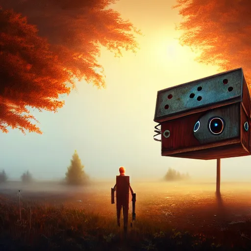 Prompt: a walking wood and metal house with two mechanical legs and two glowing eyes, rust, hyperrealistic, pareidolia, highly detailed, cinematic, single ray of sun, morning, fog, city in background, beautiful, cgssociety, artstation, 8 k, oil painting, digital art