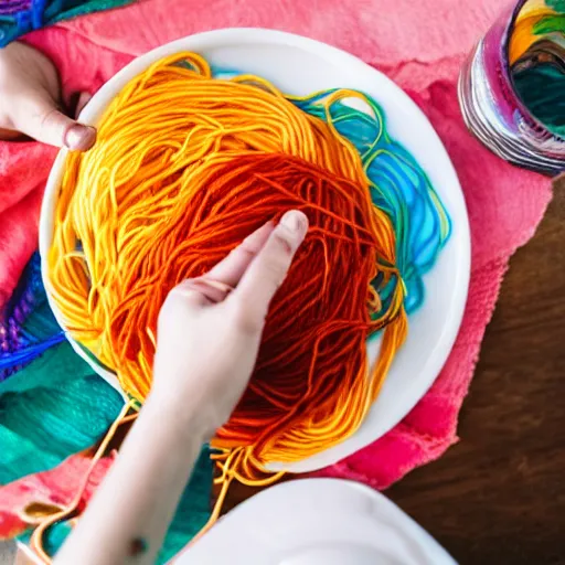 Image similar to photo of person eating a plate of colorful yarn like spaghetti