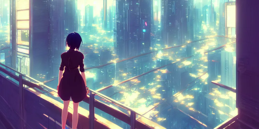 Image similar to beautiful anime painting of a woman looking out of the balcony to the cyberpunk city, by makoto shinkai, kimi no na wa, artstation, atmospheric.