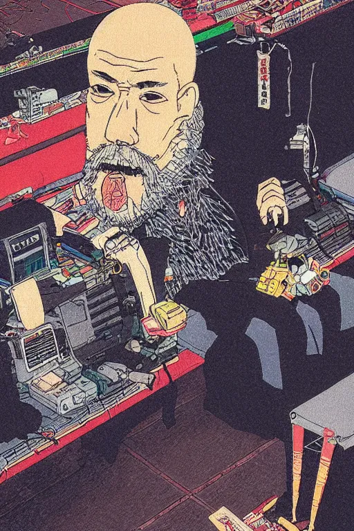 Image similar to awe-inspiring 1980s Japanese cyberpunk style illustration of a grandfather with a beard sitting on the floor by Masamune Shiro and Katsuhiro Otomo, studio ghibli color scheme, dark, complex