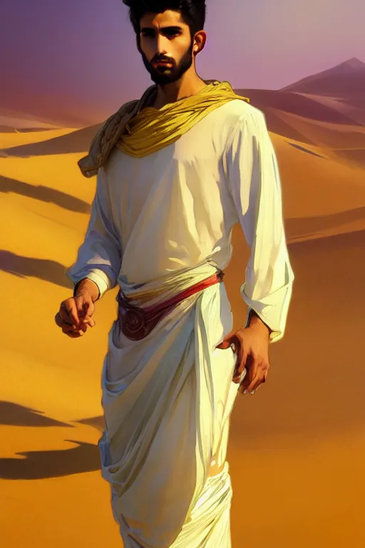 Image similar to full figure beautiful young fit arabic man, dressed with multicolored fluent clothes, luminous scene, by greg rutkowski and alphonse mucha, d & d character, gradient white to gold, in front of a dune desert background, highly detailed portrait, digital painting, artstation, concept art, smooth, sharp focus illustration, artstation hq