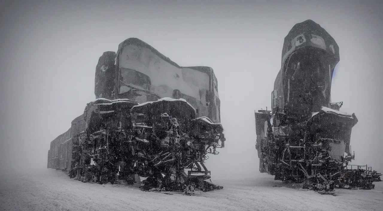 Image similar to “photo of one biomechanical mammoth in an arctic storm with fog and blizzard, the mammoth drags old gigantic coal wagons with snow, it's a sunset photo with cold tones, some people around ”