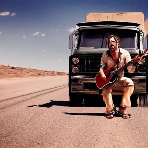 Prompt: a man playing guitar on truck, madmax 4