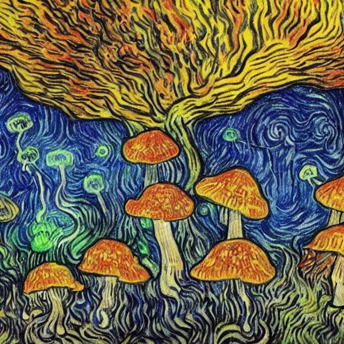 Prompt: a large cave lit by glowing mushrooms, colorful crystals grow from the ground, drawn with colored pencils, gloomy mood, by van gogh