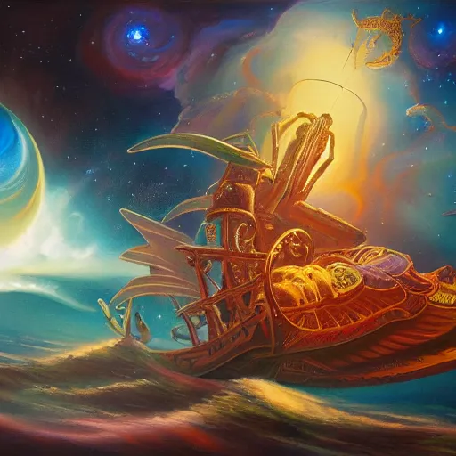 Prompt: painting of ornate space ship, nebulae background, nautilus, shell, space jammers, cannons, fins, sails, dust clouds, dark shadows, soft lighting, art deco, d & d, dust, sun, 4 0 k warhammer, shrimp, prawn, fine brush strokes