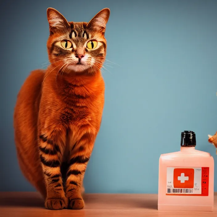 Image similar to a cat standing next to a bottle of medicine. the cat was orange in color. animal. digital art. pixabay. shutterstock. artstation.