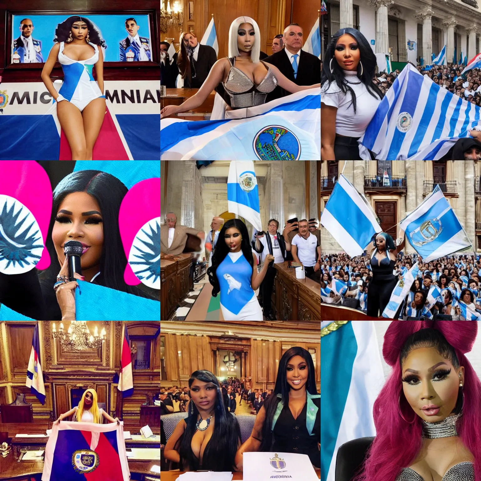 Image similar to Nicki Minaj Peronista, in the Argentine Congress, flags of Argentina behind, detailed picture