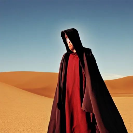 Image similar to a man wearing a long cloak and hood, in the desert, panavision panaflex