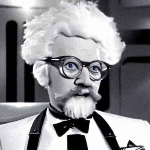 Prompt: A still of Colonel Sanders as a Captain on Star Trek The Original Series