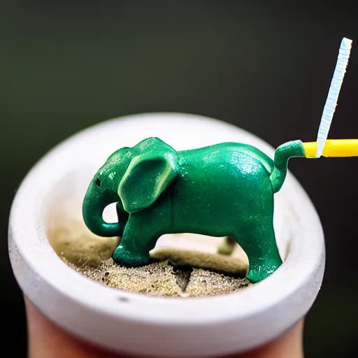 Prompt: macro photo little green elephant cleaning with toothbrush, fisheye, realistic, dramatic