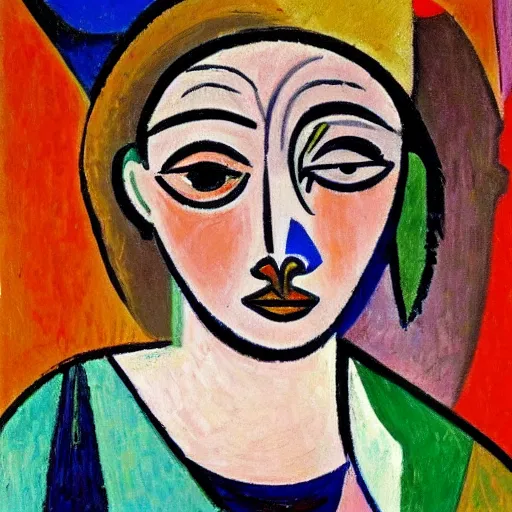 Prompt: a beautiful portrait of a woman by Picasso in the style of Matisse, oil on canvas, fauvism