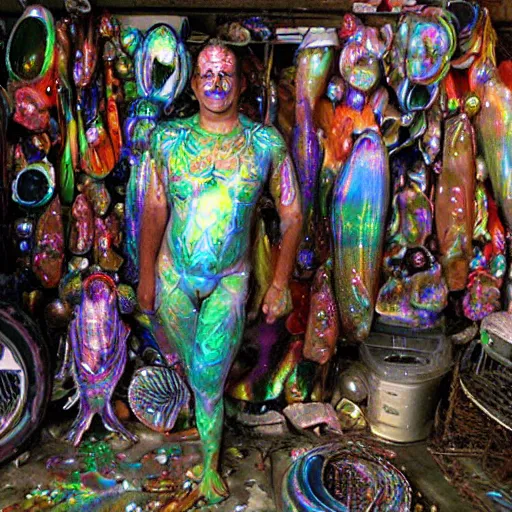 Image similar to a human standing in his garage, covered with iridescent bodypaint, shells and barnacles, 2 0 0 7 motorola cell phone pic