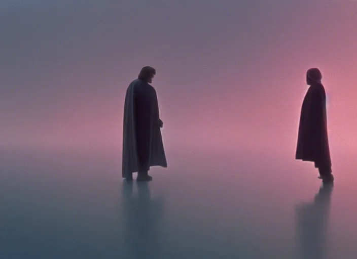Prompt: screenshot portrait of Luke skywalker kneels before a strange jedi oracle in a foggy pink land. still from the 1983 film directed by Alejandro Jodorowsky. holy mountain, Photographed with Leica Summilux-M 24 mm lens, ISO 100, f/8, Portra 400