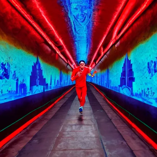 Image similar to terrified young man in a straightjacket running toward you in the Bund Sightseeing Tunnel, Shanghai, China by Alex Grey and Jeffrey Smith