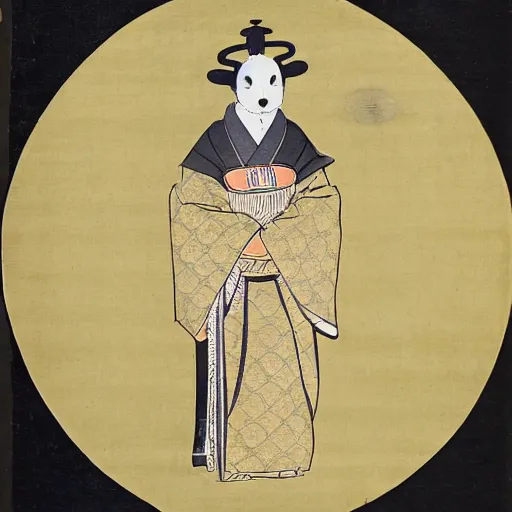 Image similar to an anthropomorphic baby harp seal deity, radiating golden light, wearing royal kimono, Japanese ink drawing from 1850