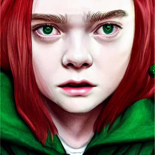 Prompt: elle fanning as a slytherin student in the style of the video stranger things, paprika, white on silver on green