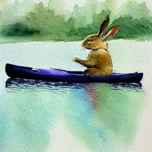Prompt: A rabbit paddling a kayak down a calm river, watercolour realism