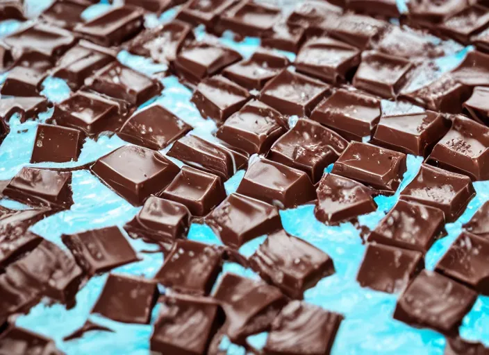 Prompt: wide angle photo of a swimming pool filled with melted chocolate. brown liquid. 8 k, depth of field, dslr
