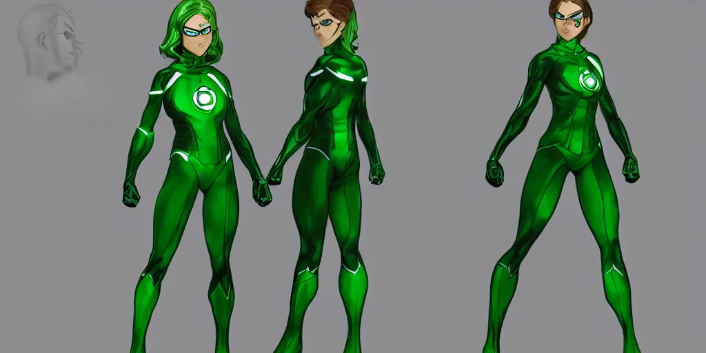 Image similar to full body exaggerated outfit, female green lantern character clean concepts by senior concept artist in the anime film, suit, powers, glowing, stronge, smooth, high detail, featured on artstation