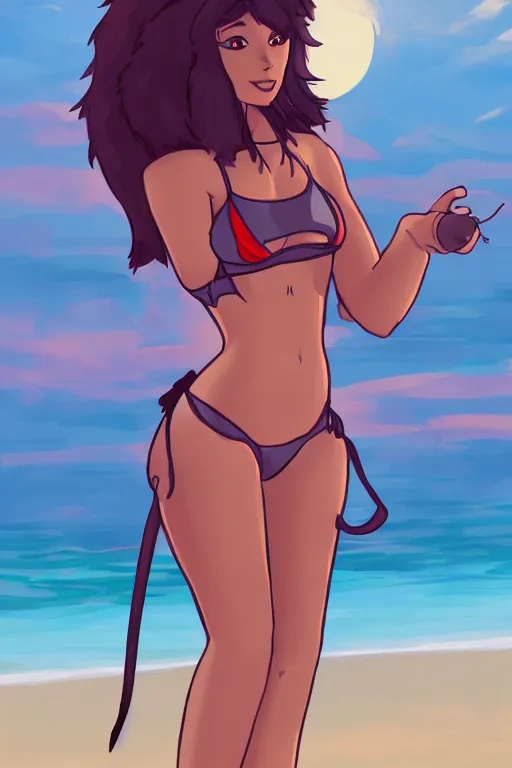 Image similar to anthropomorphic wolf fursona wearing a bikini at the beach lit by the sunset, furry art, trending on artstation, digital art, trending on furaffinity
