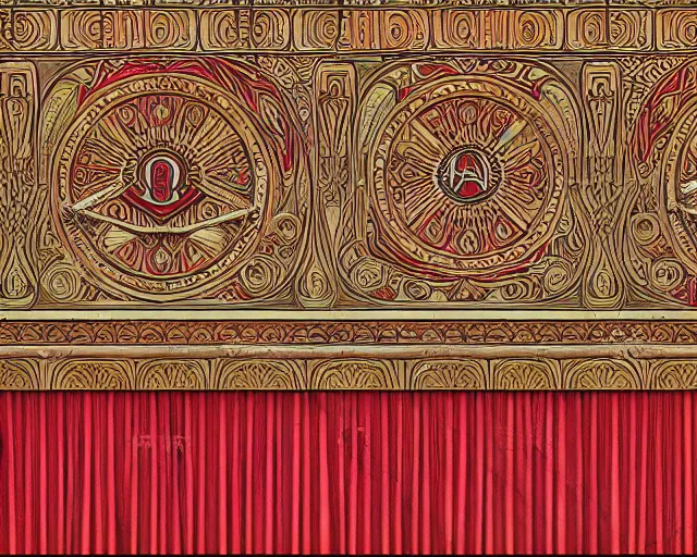 Prompt: symmetrical mural painting from the early 1 9 0 0 s in the style of art nouveau, red curtains, art nouveau design elements, art nouveau ornament, opera house architectural elements, mucha, masonic symbols, masonic lodge, joseph maria olbrich, simple, iconic, masonic art, masterpiece