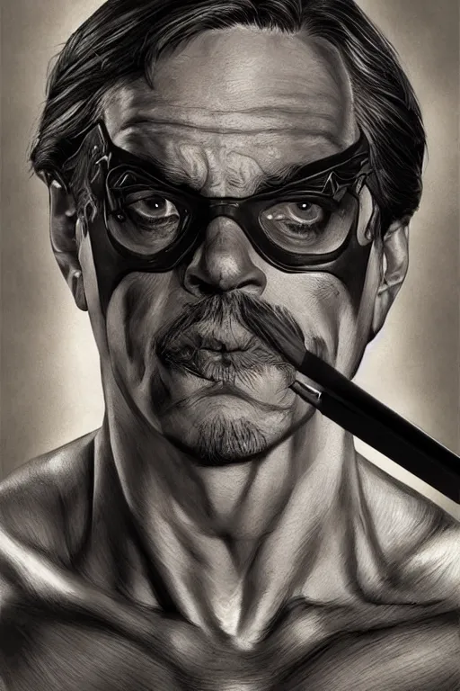 Image similar to Steve Buscemi as a hero in black leather shorts and batman head piece, drinking coffee with toddlers, amazing bodybuilder muscles, intricate, elegant, highly detailed, centered, digital painting, artstation, concept art, smooth, sharp focus, illustration, art by artgerm and donato giancola and Joseph Christian Leyendecker, Ross Tran, WLOP