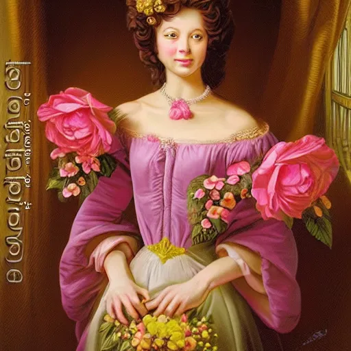 Prompt: baroque rococo pastel flowers queen Greg Hildebrandt portrait