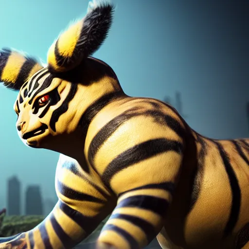 Prompt: photography of a realistic electabuzz animal, ultra detailed, 8 k, cinematic lighting, natural background, trending on artstation, pokemon