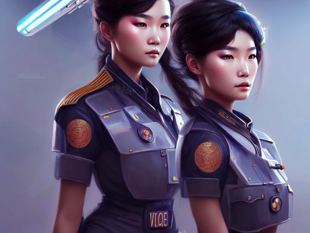 Image similar to portrait futuristic vietnam police uniform girl, at future neon light rooftop, ssci - fi and fantasy, intricate and very very beautiful and elegant, highly detailed, digital painting, artstation, concept art, smooth and sharp focus, illustration, art by tan zi and ayanamikodon and alphonse mucha and wlop