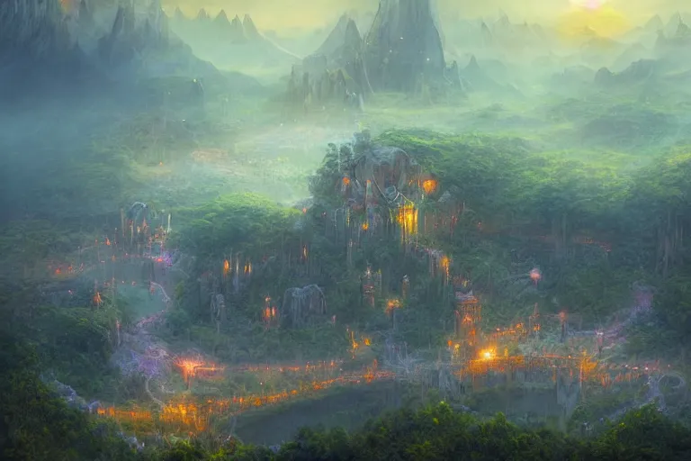 Image similar to fantasy painting, aerial view of an ancient land, sunset and ominous shadows over the kingdom, brutalist rivendell eden by jessica rossier and brian froud