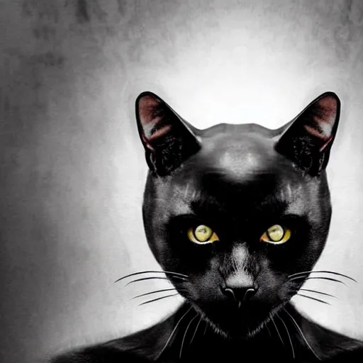 Image similar to [ threateningly supposed evil anthropomorphic black cat ]! illustrated by [ trevor henderson ]!, horror! art style, macabre feel, dark! atmosphere and lighting, 4 k photorealistic! photography, shot by jimmy nelson, trending on [ unsplash ]!, contest winner, cgsociety photorealism, award winning, anthropomorphic full - body!