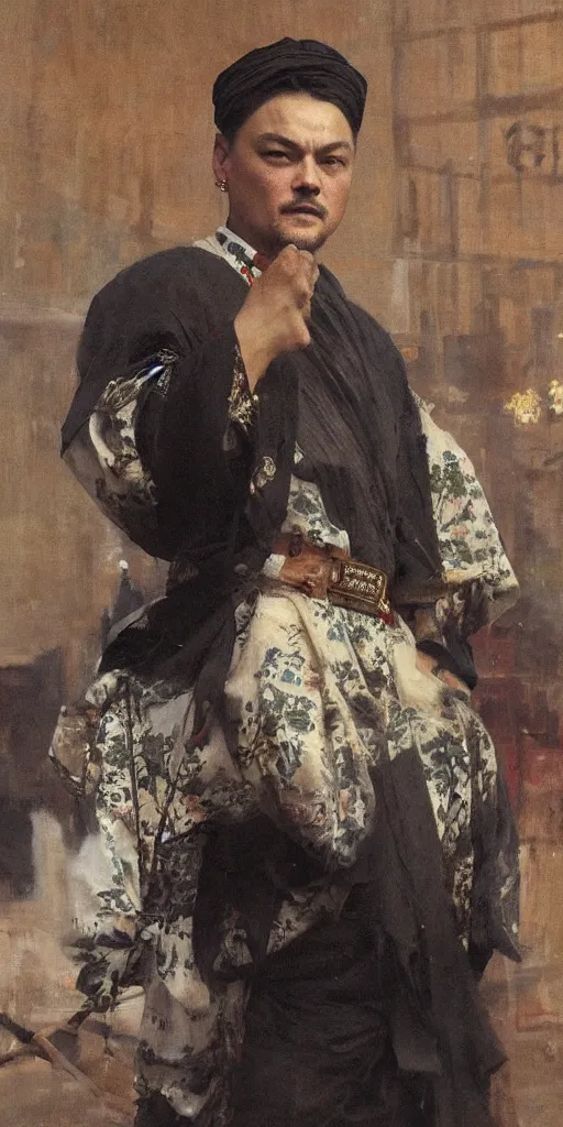 Image similar to di caprio by Solomon Joseph Solomon and Richard Schmid and Jeremy Lipking victorian genre painting full length portrait painting of 张国荣 in traditional costume