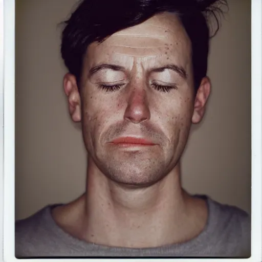 Prompt: a professional polaroid portrait photo of a man with an asymmetrical face with his eyes closed. the man has black hair, freckled skin and a look of panic on his face. extremely high fidelity. key light.