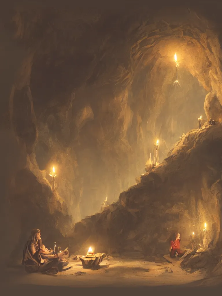 Prompt: sitting in a cave with candlelight by disney concept artists, blunt borders, rule of thirds, golden ratio, godly light