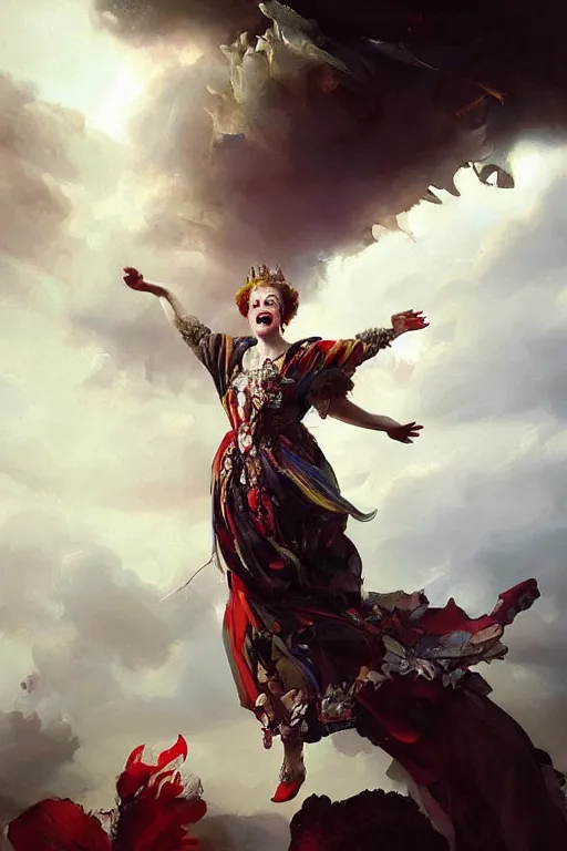 Image similar to art masterpice, hysterical clown faced queen elizabeth descending from the clouds, intricate, beautiful cinematic lighting, stunning painting by artgerm, caravaggio, ruan jia, wadim kashin