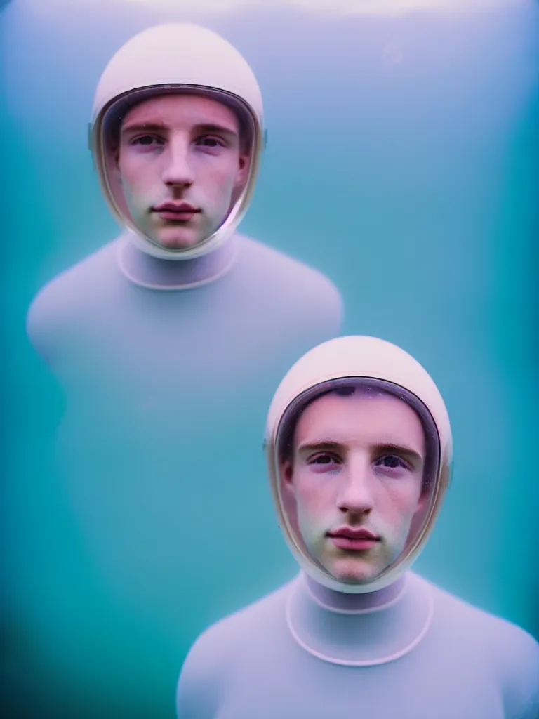 Image similar to high quality pastel coloured film portrait photograph of a beautiful young 2 0 year old male, soft facial features, short hair, perspex space helmet and oversized inflated clothing!! icelandic black rock pool environment. atmospheric three point light. photographic. art directed. ( pastel colours ). volumetric. clearcoat. waves. 8 k. filmic.