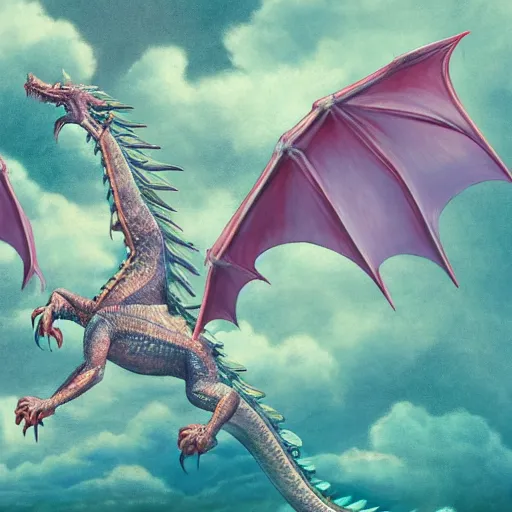 Image similar to dragon flying above the sea, perfect dragon anatomy, hyper realistic, pastel color, symmetrical, 4 k, highly ornate intricate details,