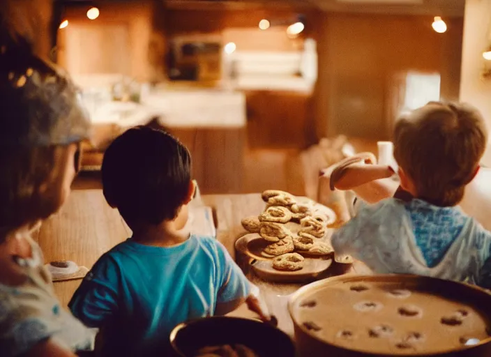 Image similar to a 3 5 mm photo from the back of a family making cookies, splash art, movie still, bokeh, canon 5 0 mm, cinematic lighting, dramatic, film, photography, golden hour, depth of field, award - winning, anamorphic lens flare, 8 k, hyper detailed, 3 5 mm film grain