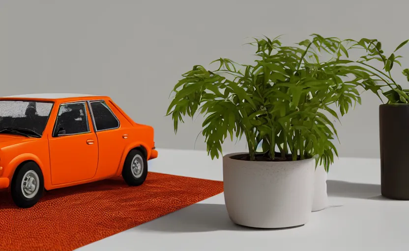 Image similar to a small miniature of a orange Toyota Corolla KE20 on a white table near a book and a vase with a plant, hyperrealistic, concept art, octane render, unreal engine 5, path tracing, complementary colors, calm, relaxing, serene, product photo, centered, symmetrical