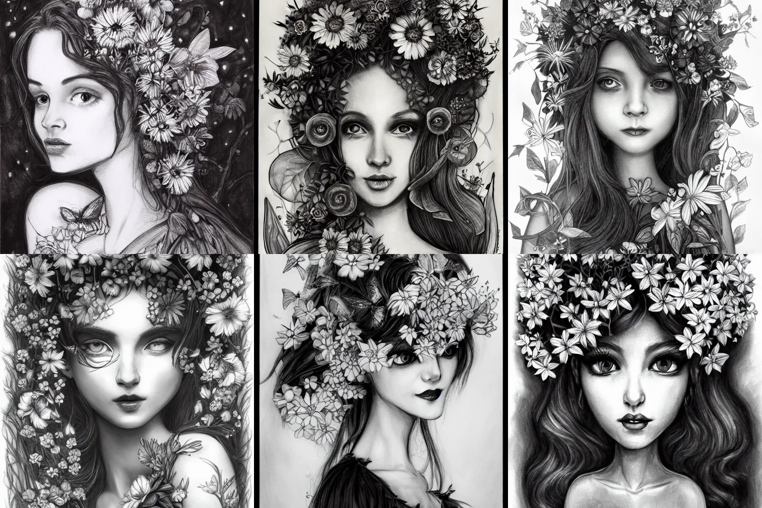 Prompt: a fantastic portrait of a flower fairy surrounded by flowers, whimsical big - eyed character, light charcoal drawing, black and white, ink and paper, portrait, trending on artstation, behance, deviantart, drawn by tom lovell, artgerm, jsc, j. scott campbell