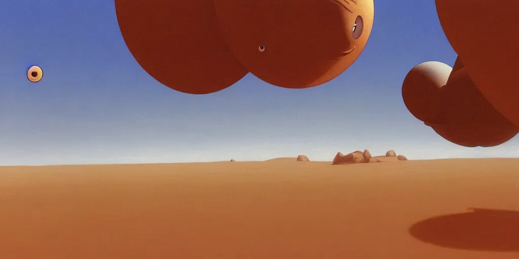 Image similar to a giant pair of eyeballs floating above a desert landscape ralph mcquarrie