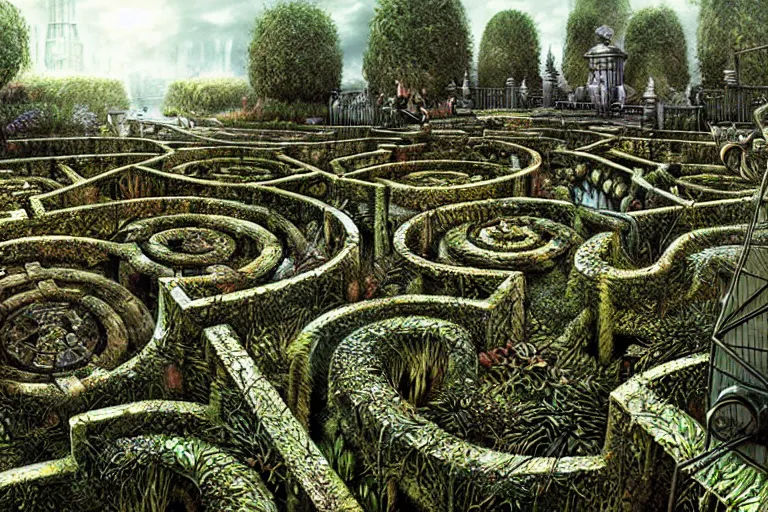 Image similar to hyper detailed sewerpunk hedge maze by aleksi briclot, insanely 3 d