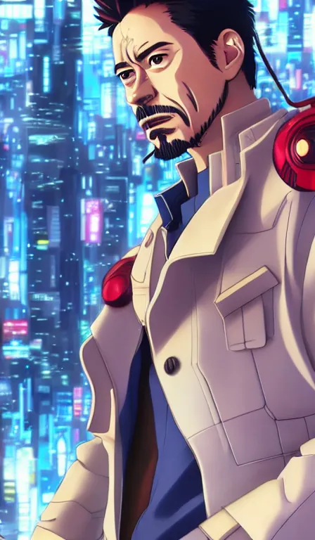 Prompt: anime fine details portrait of Tony Stark in front of cyberpunk moder city landscape on the background deep bokeh, close-up view, anime masterpiece by Studio Ghibli. 8k, sharp high quality anime, artstation