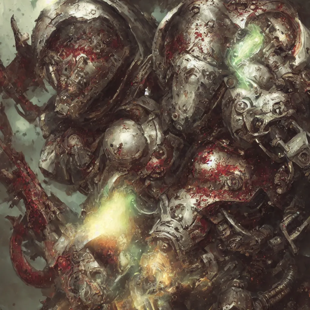 Image similar to hyper realistic portrait of heroic warhammer android head, cinematic, chaos marine, khorne tzeentch nurgle slaanesh, artstation, cgsociety, full head and shoulders, greg rutkowski, james gurney, mignola, craig mullins, brom