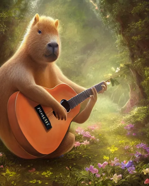 Image similar to Capybara playing Guitar in magical forest, portrait, magical notes, flowers, flower dress, fairy atmosphere, magic the gathering artwork, D&D, fantasy, cinematic lighting, centered, symmetrical, highly detailed, digital painting, artstation, concept art, smooth, sharp focus, illustration, volumetric lighting, epic Composition, 8k, art by Akihiko Yoshida and Greg Rutkowski and Craig Mullins, oil painting, cgsociety