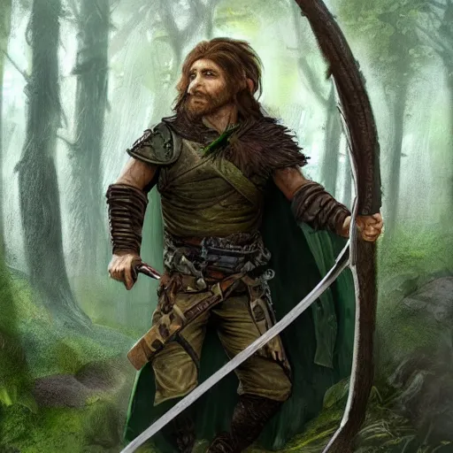 Prompt: a rugged warrior hobbit in leather armor with very short hair and a dark green cloak and dark green hood hiking through the forest with his pet dragon holding a hunting bow, clean shaven, trending on artstation, realistic, detailed, by Tony Sart